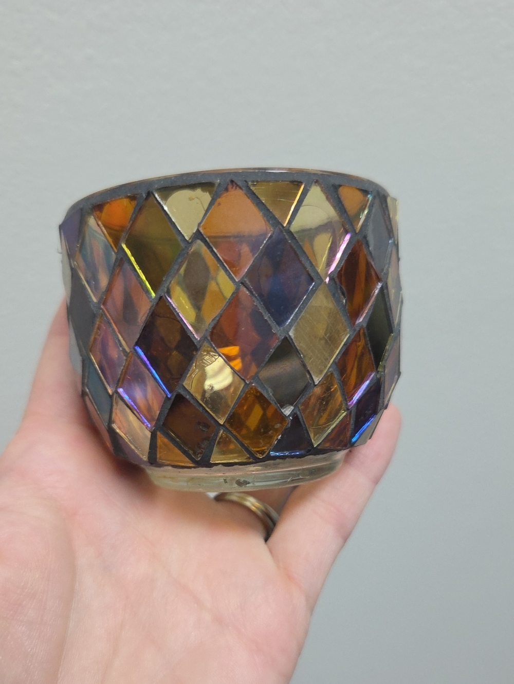Iridiscent Amber Mosaic Glass Votive Holder